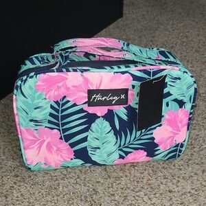 Hurley Pink and Green Tropical Cosmetic Bag with Leaf Design